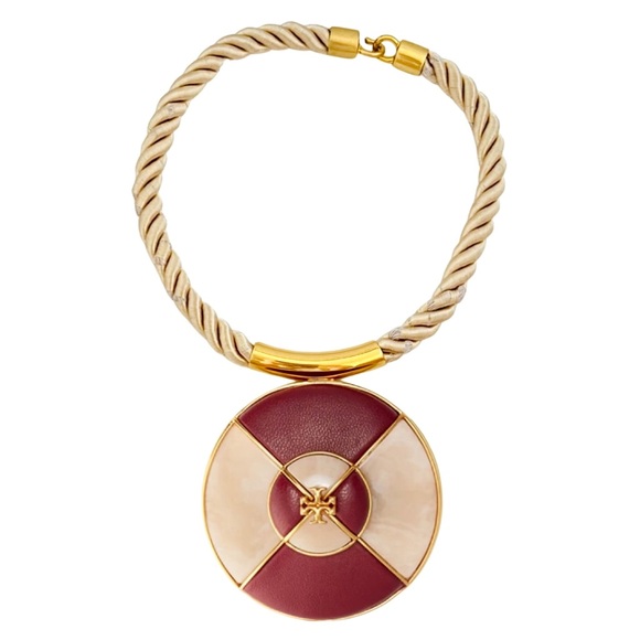 Tory Burch Jewelry - TORY BURCH • Burgundy Kira Ivory Leather Pendant Necklace